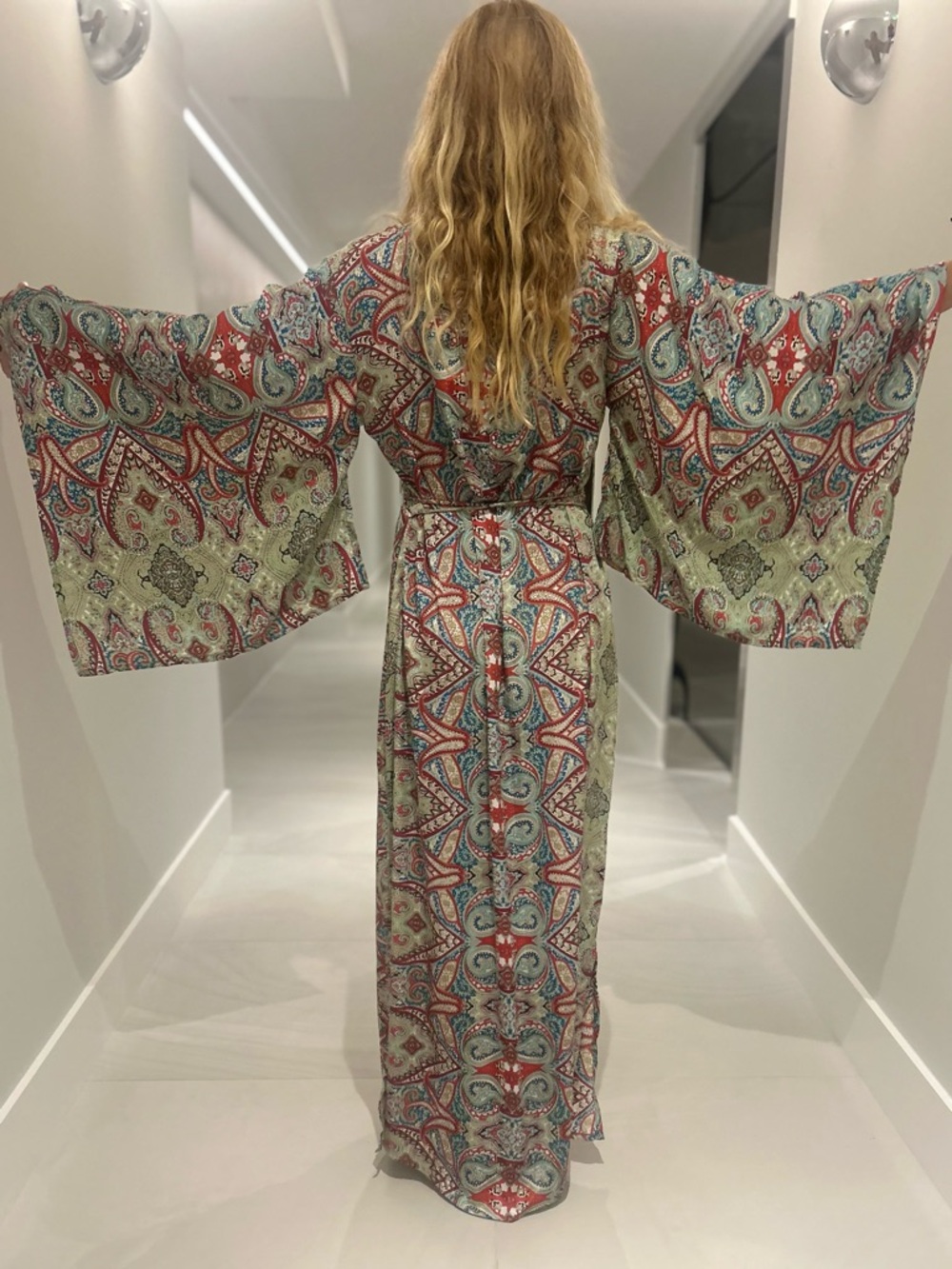 BLANCO DE IBIZA by Isabel Tavares Boho Paisley Kimono Maxi Dress in Sage & Red